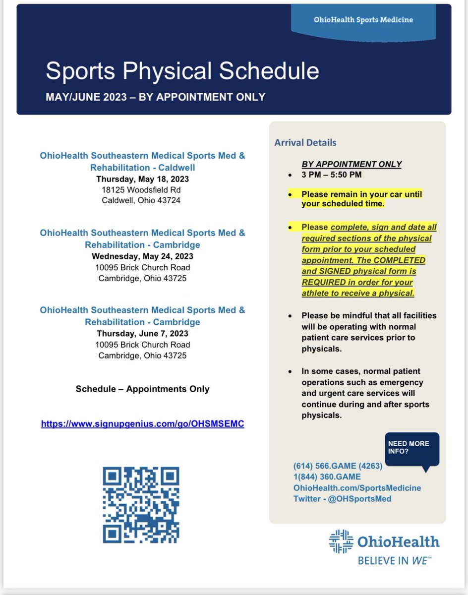 JGHSMuskiesSM's tweet photo. OhioHealth Southeastern Medical Sports Medicine &amp; Rehabilitation is offering physicals coming up soon‼️ Sign up today ✍🏼⚕️🩺

Click on the pictures for specific details, dates/times/locations, as well as FAQs.  

@OHSportsMed https://t.co/C358qfRfLa