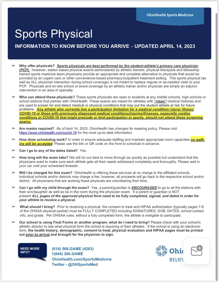 JGHSMuskiesSM's tweet photo. OhioHealth Southeastern Medical Sports Medicine &amp; Rehabilitation is offering physicals coming up soon‼️ Sign up today ✍🏼⚕️🩺

Click on the pictures for specific details, dates/times/locations, as well as FAQs.  

@OHSportsMed https://t.co/C358qfRfLa