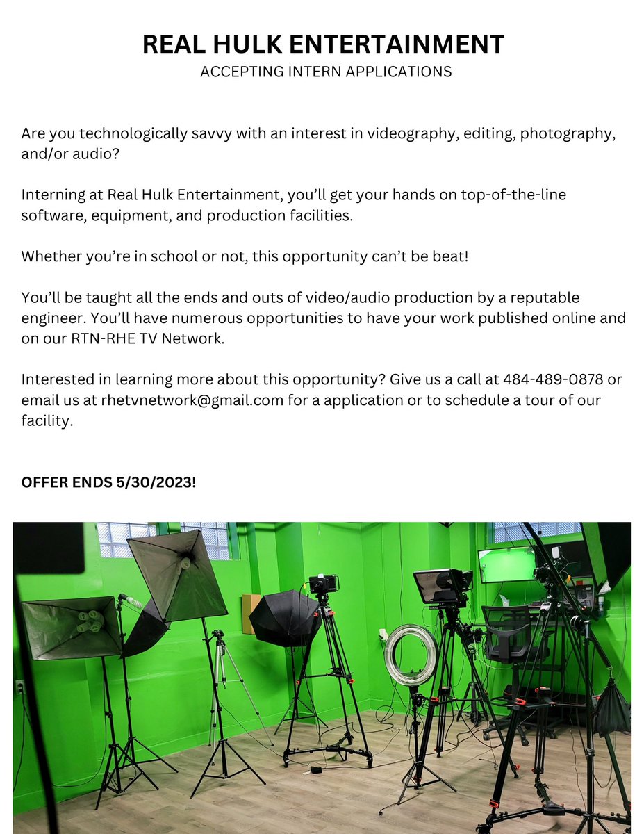 RealHulkRecords's tweet photo. Let everyone know that for a limited time, Real Hulk Entertainment is accepting intern applications. Do your research on us and give us a call, text, or email if you or anyone you know is interested in interning with Real Hulk Entertainment for the summer! https://t.co/JtSHMSm9o1