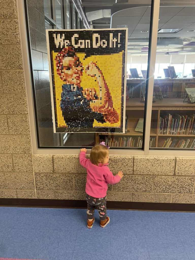 MrsTarynBrinlee's tweet photo. Mills came to @CRE_Cardinals this morning and kept running back to the library and looking for her friend @MattVillasana. She loved all the book displays and took a special liking to the Rosie poster. Raising her right! #CREateLeaders #CREateReaders https://t.co/nlPtusOdMr