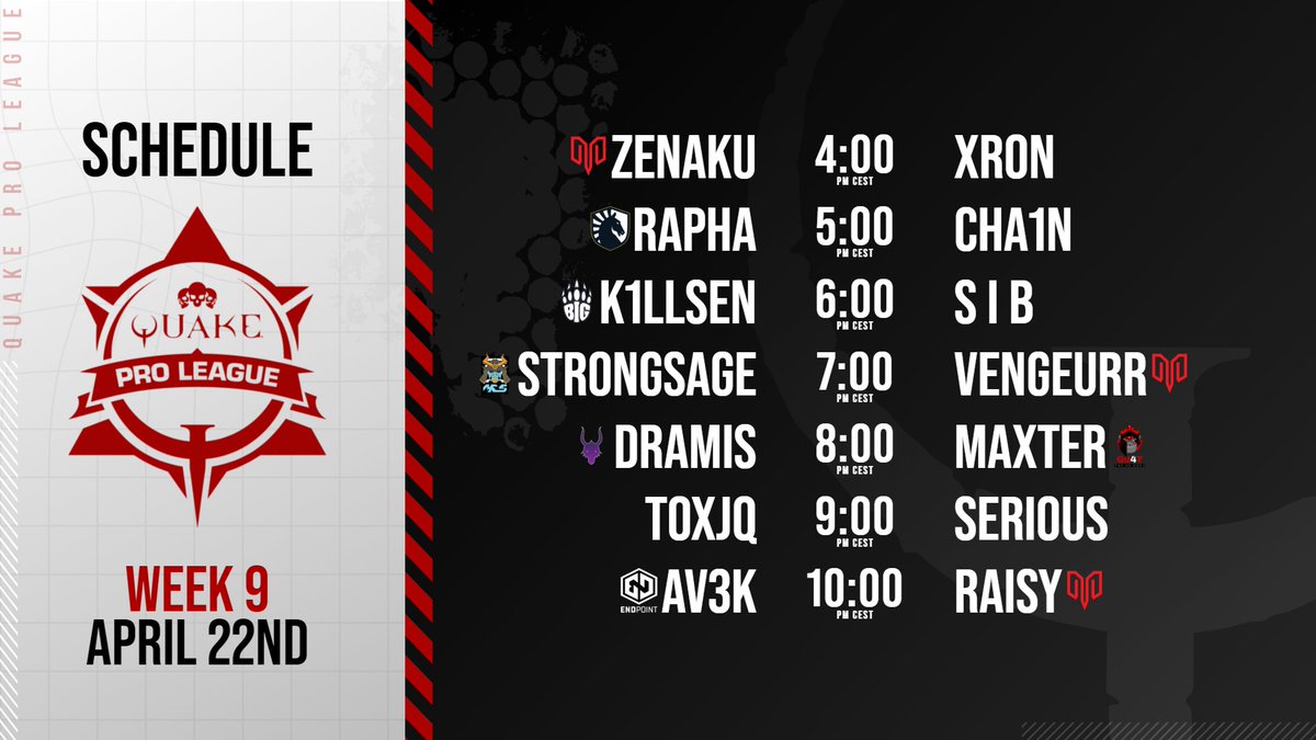 🔜Get ready for tomorrow #QuakeProLeague Week 9!

🎙️<a href="/PNDKetchup/">Ketchup</a> <a href="/ZsxOnline/">Dan Sanders</a> 

Saturday at 4 PM CEST | 10 AM ET
📺twitch.tv/quake 
📺youtube.com/quake