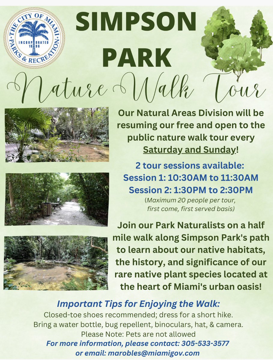 miamiparks's tweet photo. Need weekend plans? Join our Natural Areas Division for a nature walk! ๐ณ
#MiamiParks #CityofMiamiParks #CityofMiamiParksandRecreation #MiamiParksandRecreation
#MiamiParksandRec #CityofMiami #Miami #Parks #Recreation #ParksandRecreation #ParksandRec #Nature #Outdoors #SimpsonPark https://t.co/clkYlXRoH5