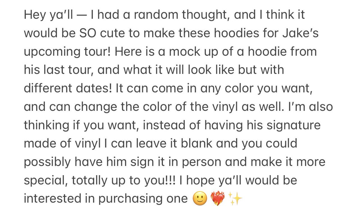 mercedesracee's tweet photo. Please take a second to read. I’m going to take pre orders starting now (i won’t take full payment, just enough to buy the crewneck). It would mean a lot to me ❤️‍🔥

P.S. @jakemiller if you’re interested in some for the tour OR want to steal the design, shoot me a dm!!! 🫣✨ https://t.co/gC5Fryjjwv