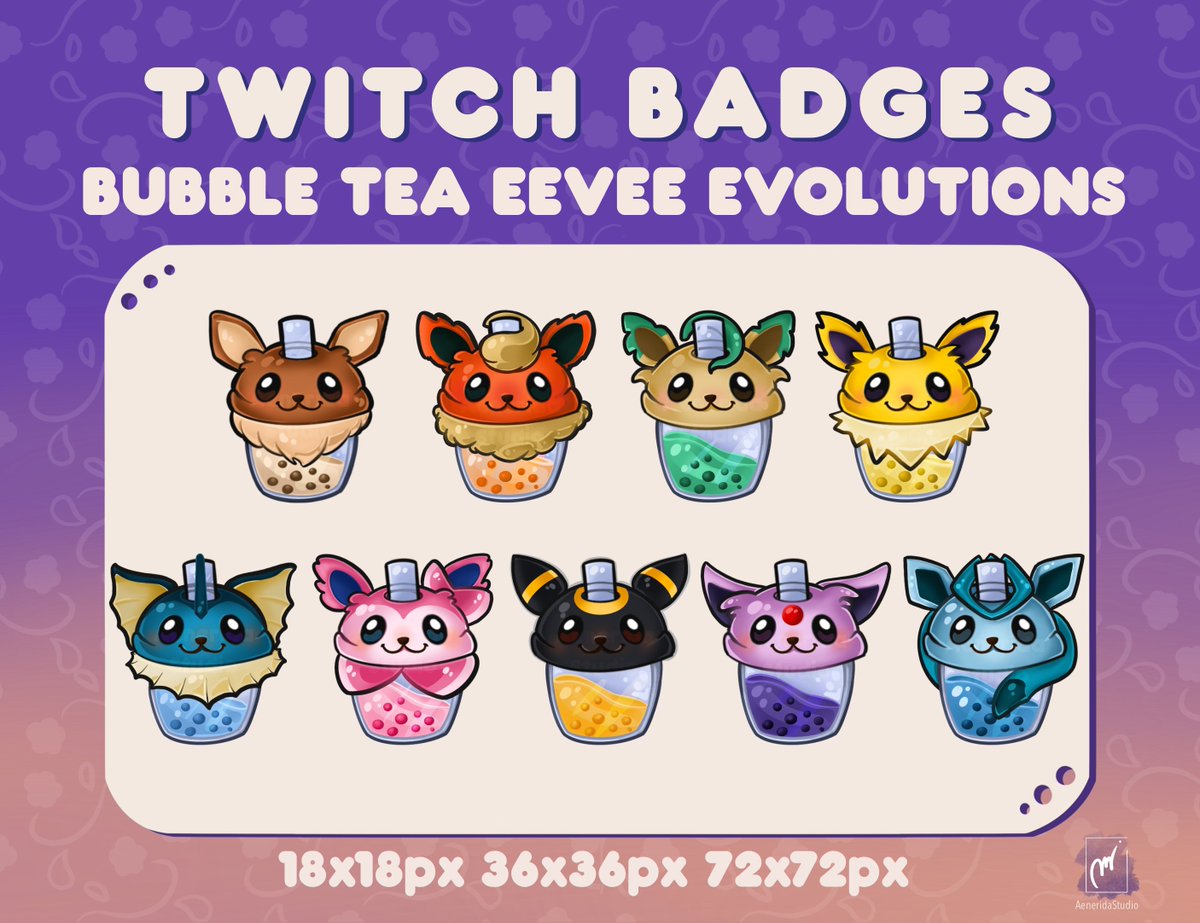 These are the latest badges I've made for my etsy shop: little cute bubble tea eevee evolutions☺️ 
You can buy them on my etsy shop (link in my bio)💜💜💜
#twitch #badges #emotes #etsy #artist #graphics