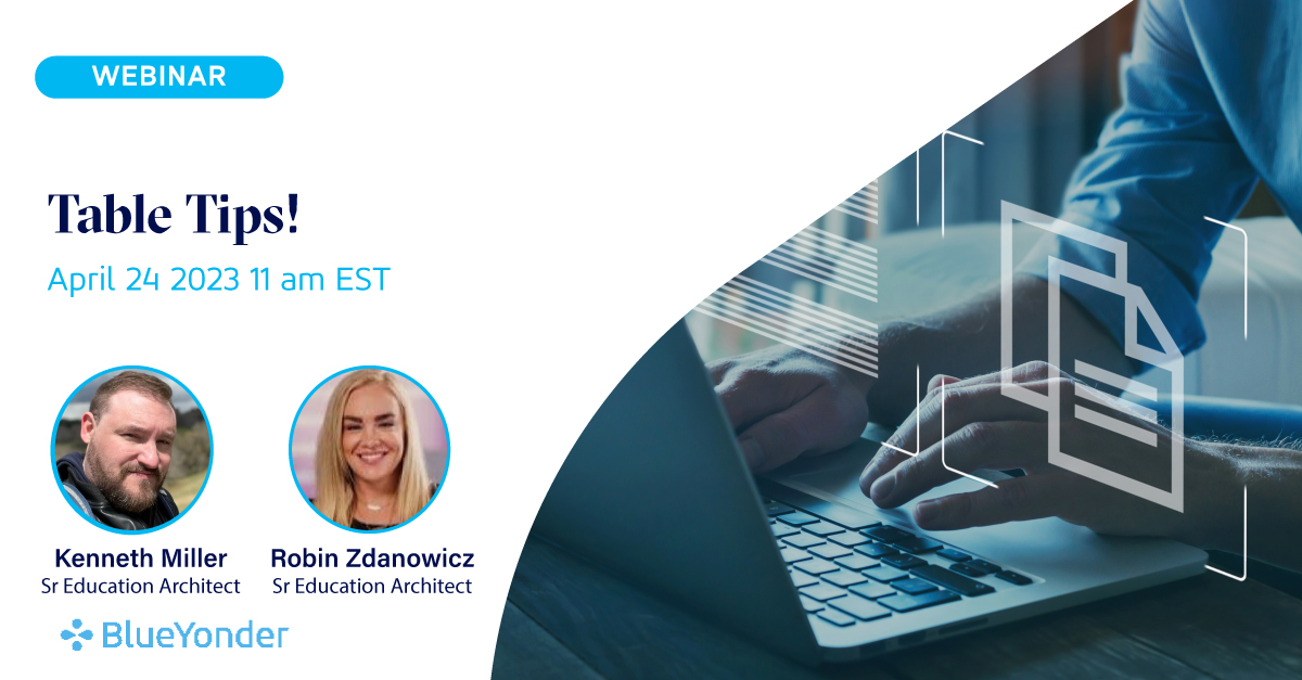 BlueYonder's tweet photo. Join our Table Tips webinar on April 24 to learn some valuable table editing skills. We'll show you how to use helpful table features and apply them to your CKB Data Manager reports. Register here: https://t.co/Lup7f3dFB7 #tabletips #webinar https://t.co/EjV5gJ3Jwy