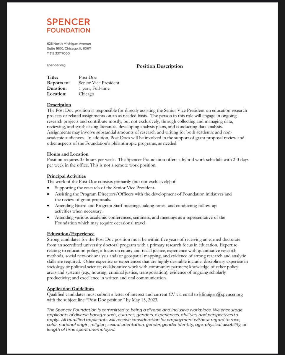 Dr. Derek A. Houston (@da_houston) on Twitter photo Just finished / early career folks! The <a href="/Spencer_Fdn/">Spencer Foundation</a> is hiring a postdoc. Details below. Quick turnaround. Materials due May 15. Canât say enough about my time there.
Questions⌠see @ksfinnigan! Just finished / early career folks! The <a href="/Spencer_Fdn/">Spencer Foundation</a> is hiring a postdoc. Details below. Quick turnaround. Materials due May 15. Canât say enough about my time there.
Questions⌠see @ksfinnigan!