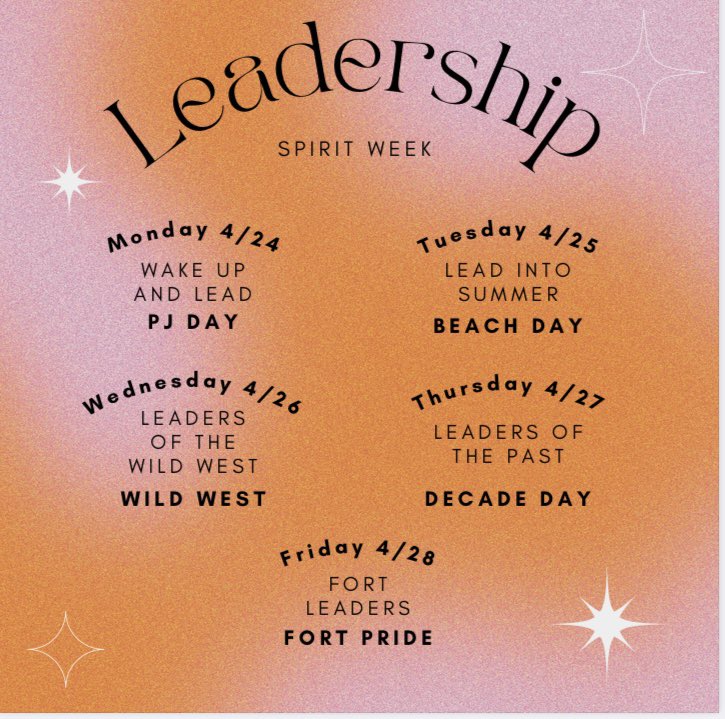 Join us in celebrating Student Leadership week next week by showing off your school spirit! (Be sure to dress appropriately for school all the days)