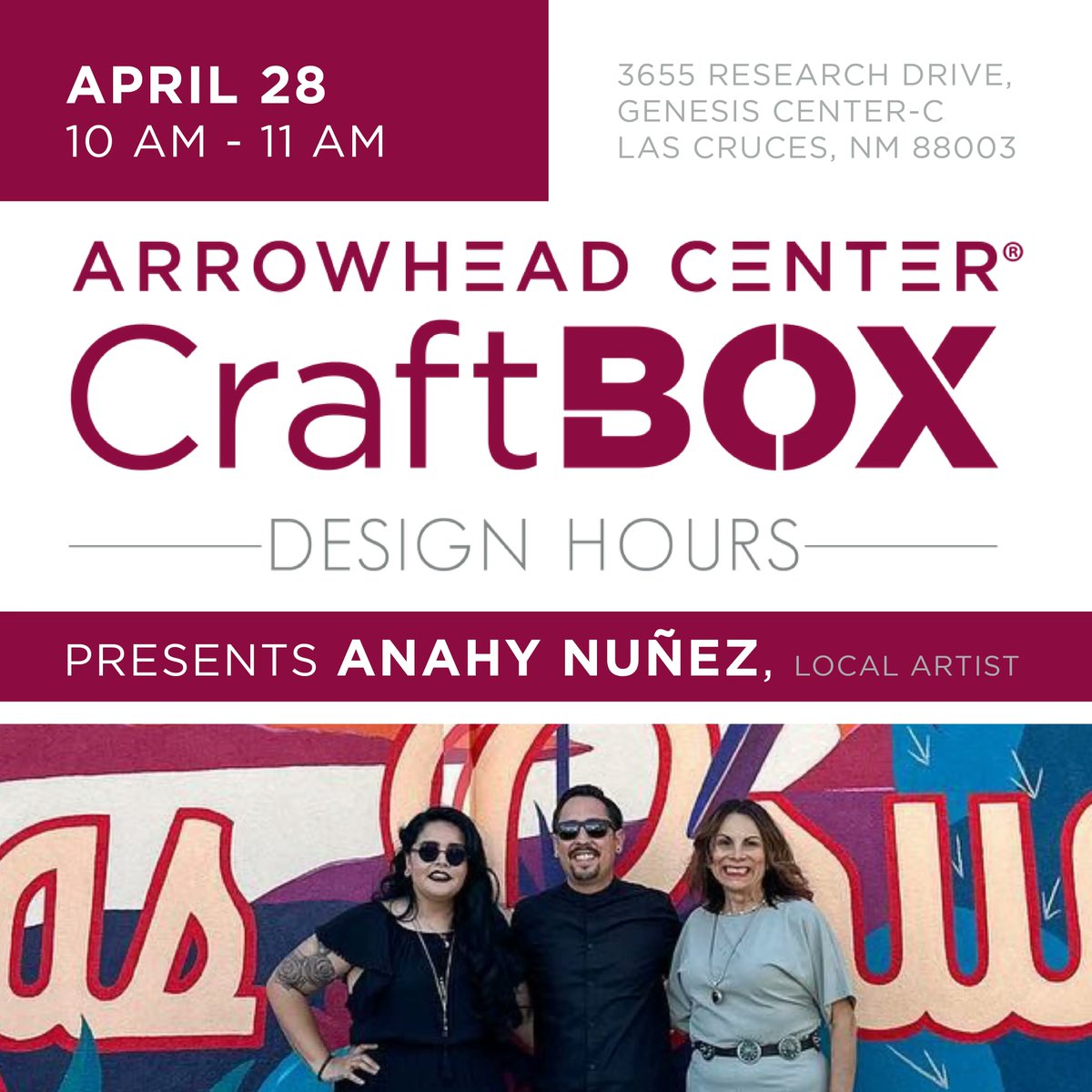ATI_Arrowhead's tweet photo. Join our next #ArrowheadCenter #CraftboxDesignHours session with Anahy Nuñez, local artist, on April 28th. She will be discussing steps to take as a fine artist, her journey as an artist, how commissions work, landing projects, and more. https://t.co/rU6edSxHmB