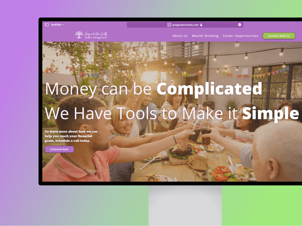 andrillallc's tweet image. Meet Greg and Ann Walls, financial advisors with a unique and modern approach to marketing. Their website's welcoming design and color palette create a comforting feeling about money. Check them out at gregandannwalls.com #financialadvice #modernapproach