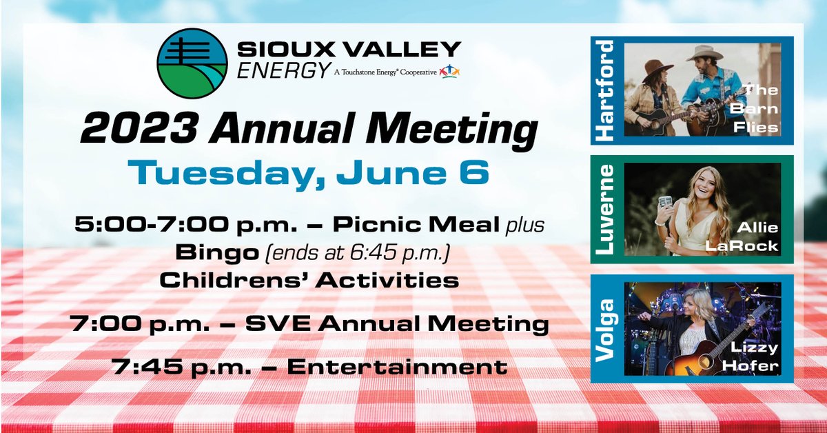 Our 2023 Annual Meeting is set for Tuesday, June 6 in three locations: Hartford, Volga and Luverne.