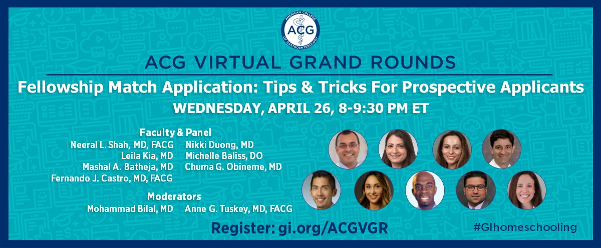 Join GI program directors and current #GIfellows for a special Virtual Grand Rounds for the #FutureofGI!

GI &amp; Hepatology Fellowship Match Application – Tips &amp; Tricks For Prospective Fellowship Applicants
Wednesday, April 26 @ 8pm ET
Register ➡️ gi.org/ACGVGR
