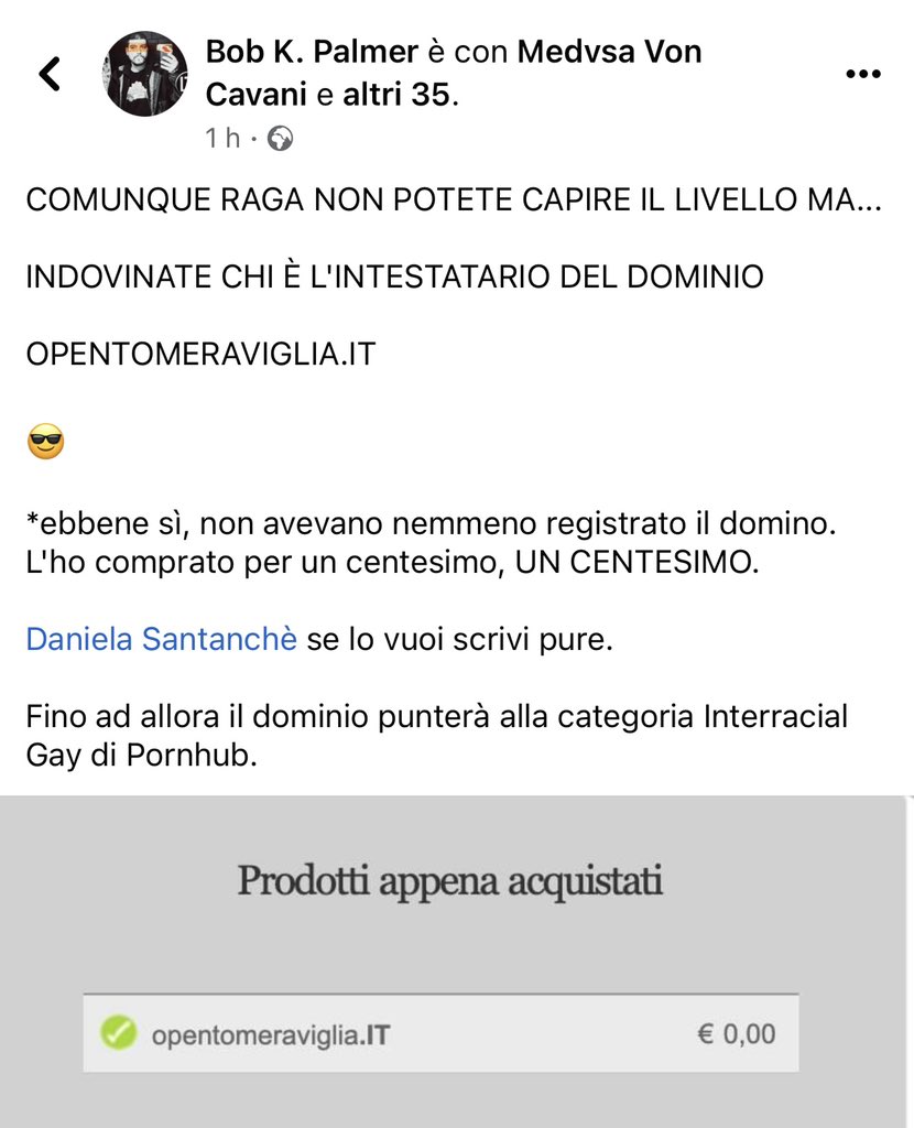 Italy’s tourism minister Daniela Santanchè launched an ad campaign for visiting Italy called ‘Open to Meraviglia’.

But the ministry didn’t register the domain.

A guy bought it for 1 cent and says he’ll redirect it to interracial gay pornography

Via <a href="/broderly/">David Broder</a>. April 21, 2023.