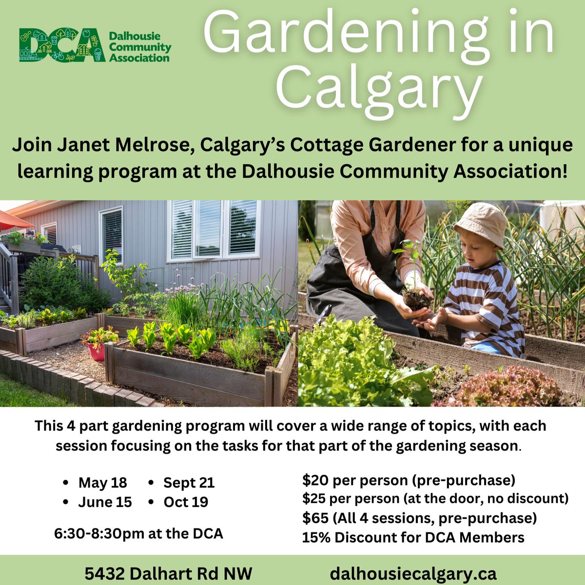 dcayyc's tweet photo. Join Janet Melrose, Calgary’s Cottage Gardener for a 4 part program at the DCA focusing on a wide range of topics for gardening, with each talk focusing on the tasks for that part of the season.

May 18, June 15, September 21, October 19
Register Now!
https://t.co/ibO3eKl1pB https://t.co/m9tp1vXqyD