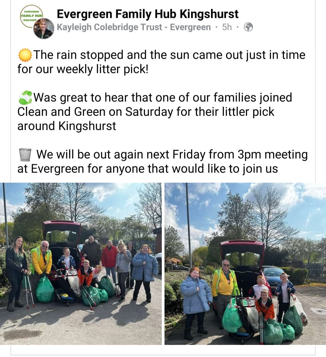 Reading that a family who've been attending @evergreen_hub participated in a different new litter pick last week is brilliant!
♻️ 🚮
 #activecommunities #theoryofchange #physicalactivity  #healthybystealth @CleanGreenGB @SolihullCommun1 @colebridgetrust @TAWSociety @LoveSolihull