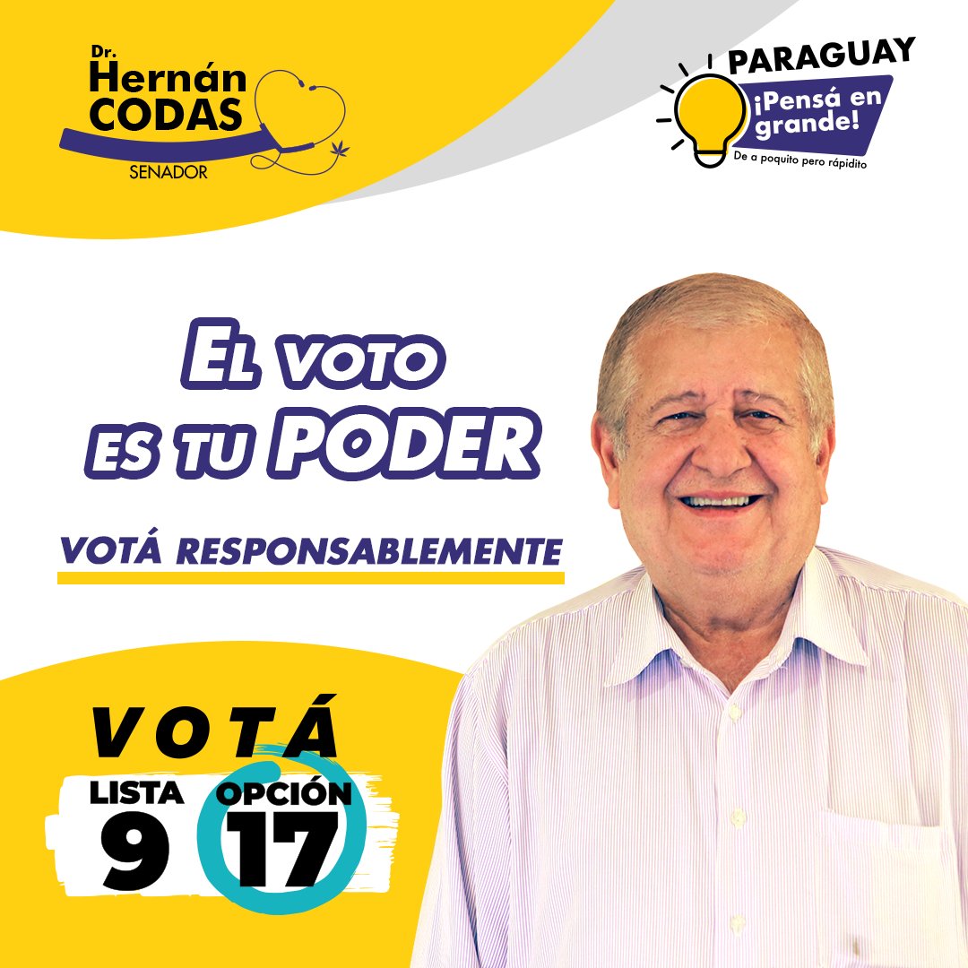CodasHernan's tweet photo. Este 30 de abril tenes la importante tarea de votar por los que consideras son las personas que llevarán adelante al Paraguay 🇵🇾

La decisión está en tus manos, Lista 9 Opción 17🟡
#CodasSenador #ElCambioYaLlega https://t.co/R5aSHM8zaI