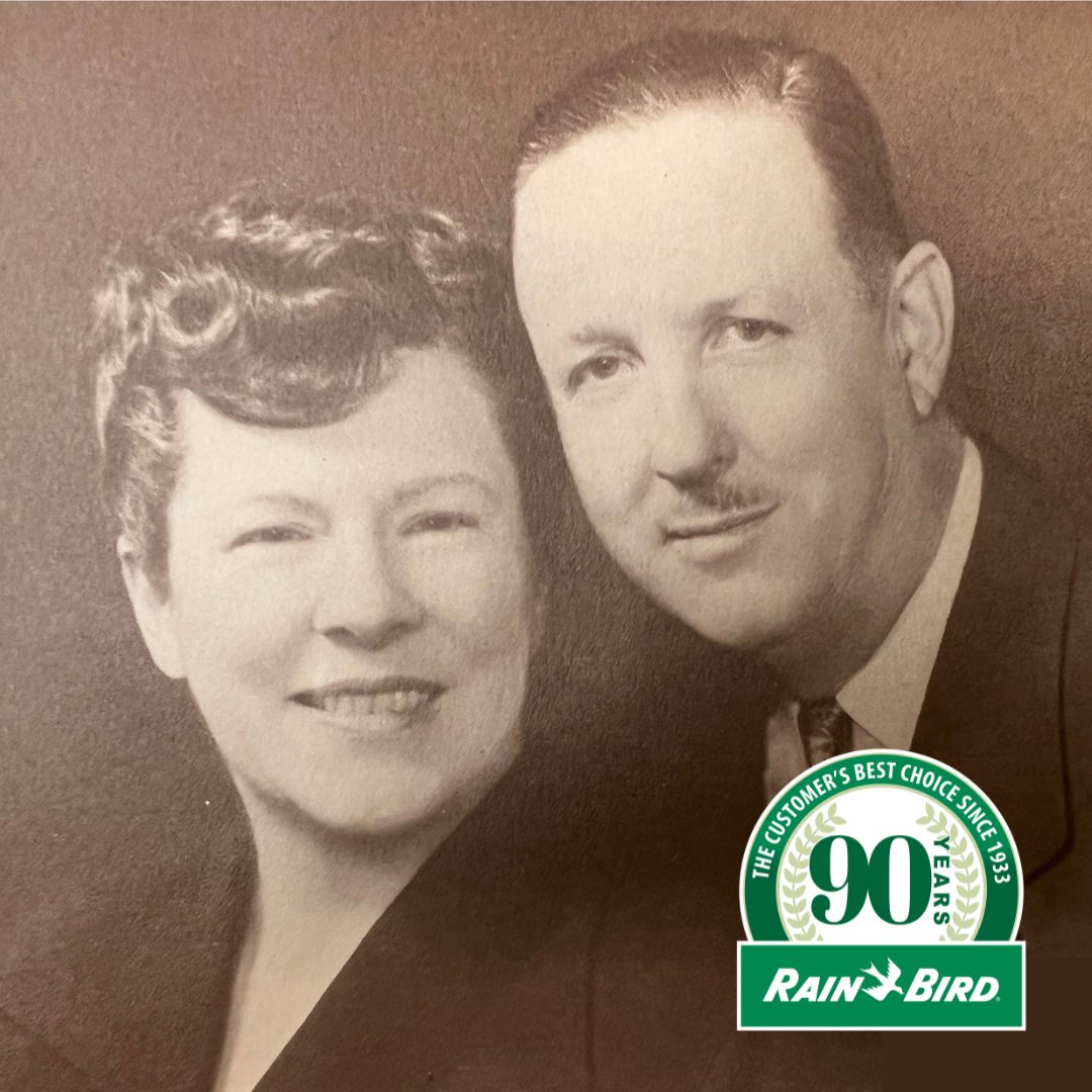 RainBirdCorp's tweet photo. Celebrating 90 remarkable years since Clem and Mary "Betty" LaFetra began manufacturing the horizontal action impact sprinkler. We proudly carry on their legacy today. Here's to the future of irrigation innovation! #RainBirdSince1933 #90YearsAndCounting https://t.co/E6K5HQvei6