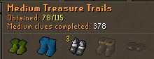 RikMayallRS's tweet photo. And here's the medium clue collection log. Rangers at 100 meds, 3 boots within the first 100, and then from 100 to 378 I've had 2 sandals. RIP https://t.co/qOtK3lsAPB