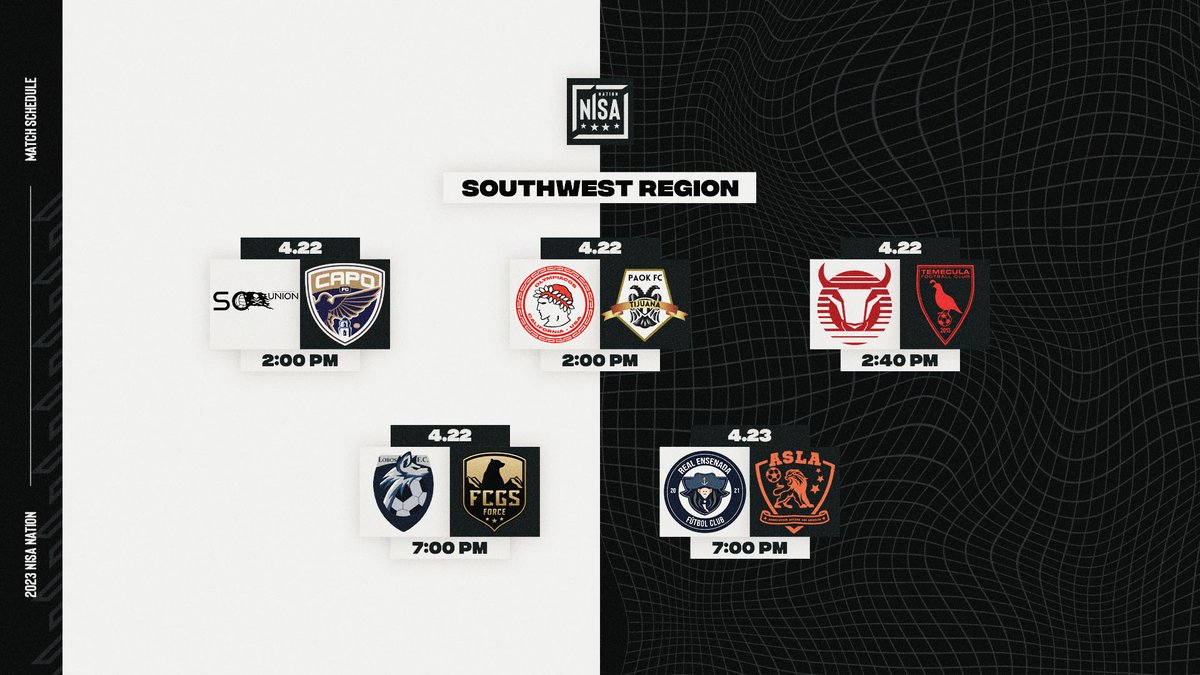TheNISANation's tweet photo. All 👀 on Week 5️⃣ in the Southwest Region!

SATURDAY - 4.22
@AscValley vs. @capistrano_fc
@olympiacos_ca vs. #PAOKFCTijuana
@torosnezaUSA vs. @Temecula_FC
#LobosFC vs. @FCGSForce 
SUNDAY - 4.23
#EnsenadaFC vs. @ASLosAngelesFC

#NISANAtion https://t.co/97wZqBkikd