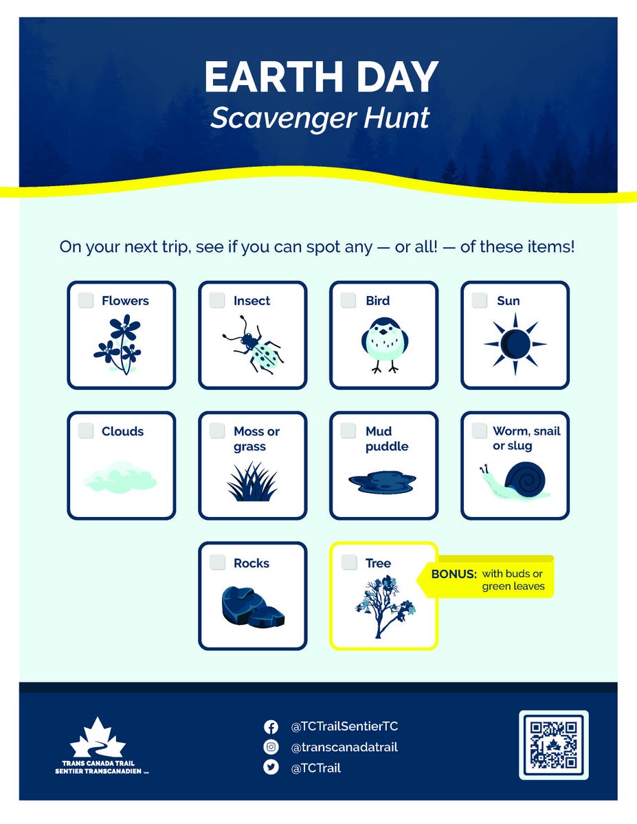 Sk_Trails's tweet photo. Looking for Earth Day activities? We’ve got a family-friendly nature scavenger hunt for you. Head out to your local Trans Canada Trail section and see how much you can find!
#sktrails #sasktrails #trails #scavengerhunt #earthday #TCTrail #nature https://t.co/9CmvfpuiNH