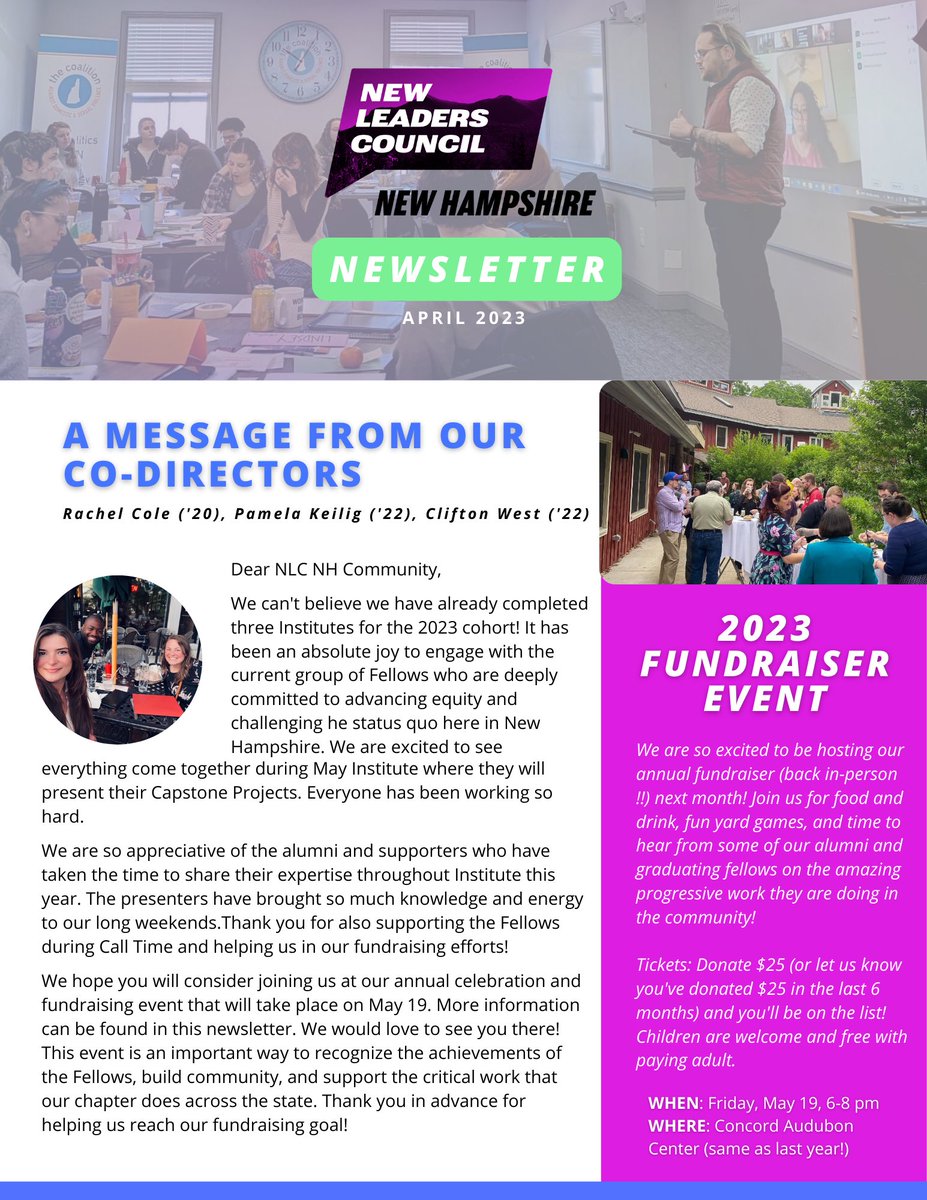 NLC_NH's tweet image. Our newsletter hit inboxes today! 📬  Read through for a letter from our co-directors, information about our upcoming fundraiser event (May 19th at 6 PM!), alumni spotlight, podcast spotlight, and more 👏

Feeling inspired? Donate at the link in our bio to support our work!