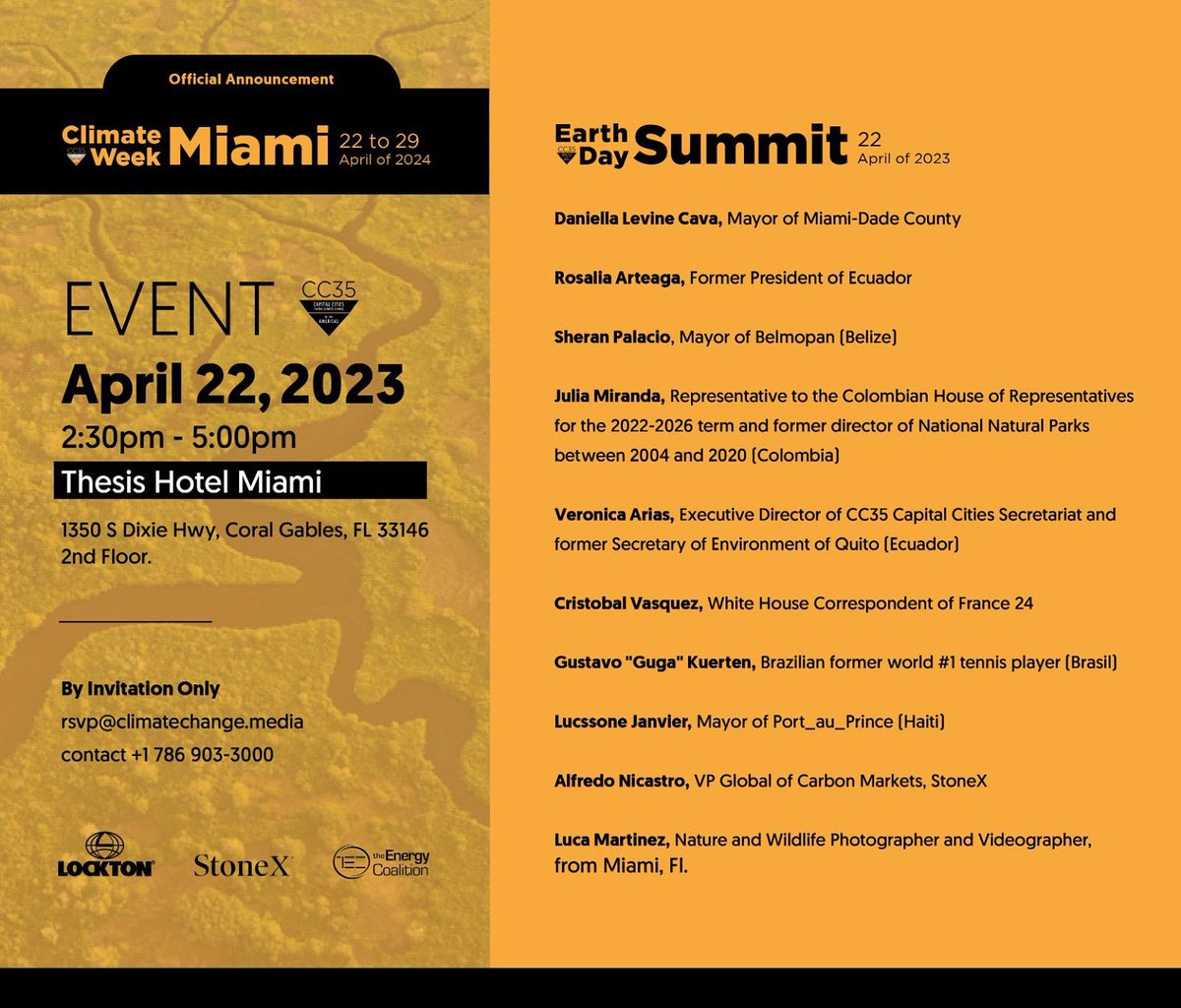 CC35city's tweet photo. Durante el #DíaDeLaTierra estamos junto a @Lockton @StoneX_Official @_TECTweets para conversar sobre los retos y oportunidades de una acción climática entre ciudades. En este evento @MayorDaniella anunciará que Miami será la sede del #MiamiClimateWeek2024 🚀 https://t.co/oubKDG8vvd