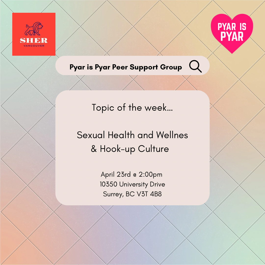sherpridecanada's tweet photo. Looking for a safe space to connect with other queer South Asian youth and friends? Join us every Sunday from 2 pm to 430 pm at City Centre Library in Surrey for our Pyar Is Pyar peer support group!
Topic this week: sexual health & hook-up culture.
#PyarIsPyar #SherVancouver https://t.co/Fnz2hspcs7