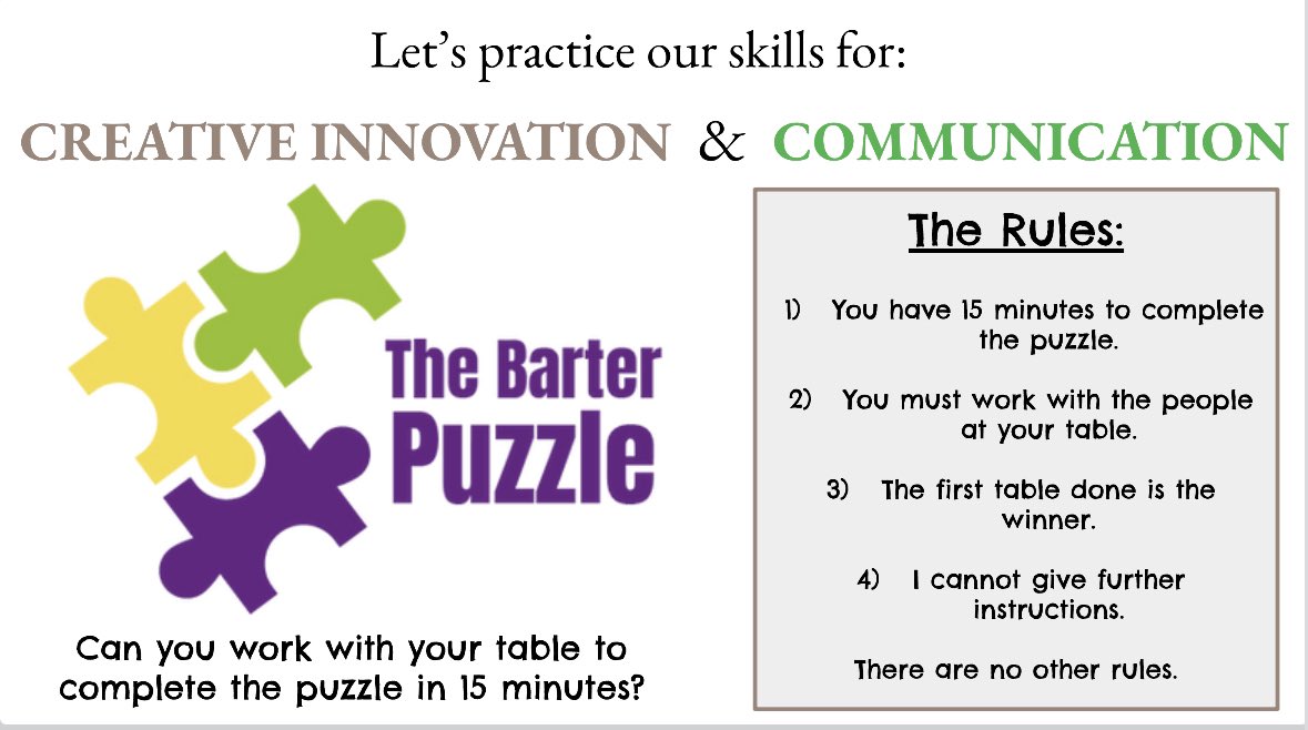 AlexaHorowitz2's tweet photo. Promoting creative innovation and communication skills with The Barter Puzzle during todays PD #HerricksPOG @HerricksSchools @SearingtownK5 https://t.co/xhC4sjeEbW
