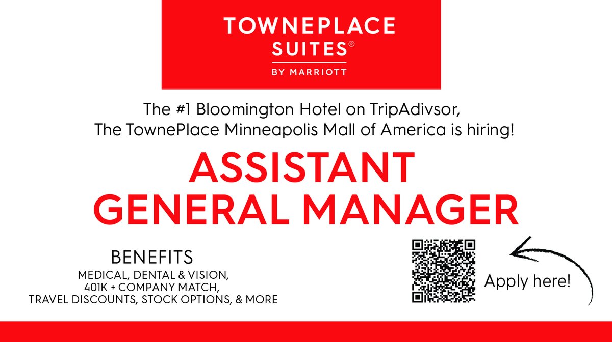 MNPRock's tweet photo. Do you love to travel, do you enjoy smiling at work?  The top customer rated hotel in Bloomington, MN is now hiring an AGM. Just scan the QR code below and let your journey begin!  #marriottcareers #marriotthotels #towneplacesuites #MSP #hotelsandresorts #hotelmanagement https://t.co/HYisWKwG6l