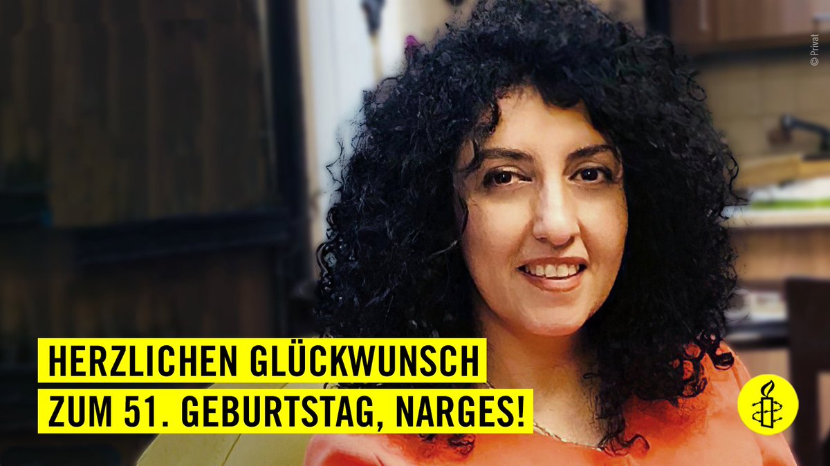TaheriMovement's tweet photo. .@AmnestyAustria:Die Menschenrechtsverteidigerin #NargesMohammadi #Iran wird heute 51 Jahre alt. Sie kann diesen allerdings nicht in Freiheit mit Freund*innen und Familie feiern, weil sie zu Unrecht im #Iran im Gefängnis sitzt. Fordere jetzt ihre sofortige Freilassung https://t.co/BnDt7Jzerx