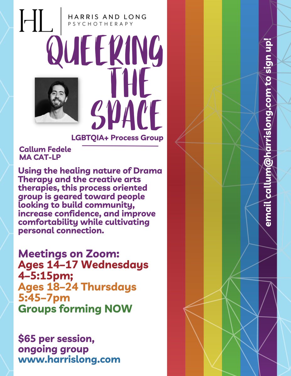klongnyc's tweet photo. Current offerings at Harris and Long Psychotherapy. #grouptherapy #queer #arttherapy #psychotherapy https://t.co/3gUodZAtj2
