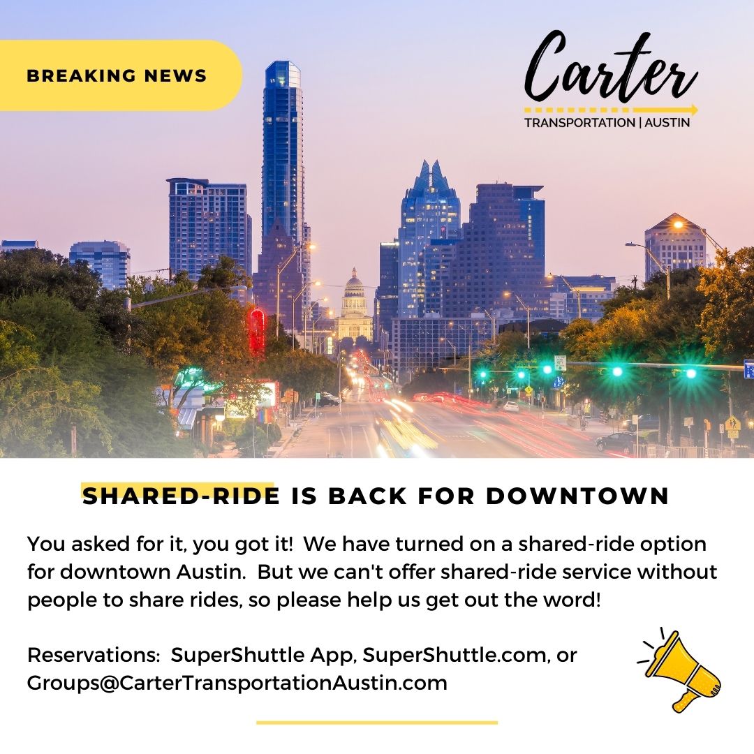 SuperShuttleAUS's tweet photo. We just turned back on our shared-ride service option for downtown Austin for the first time since 2020.  Kinda cool since this is the service model our company was built on.  Don't care to share?  That's ok too, we still offer private cars, SUVs, and vans. https://t.co/rUzBnvtghC
