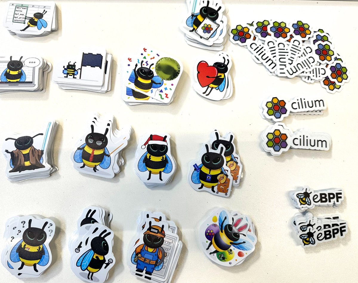 isovalent's tweet photo. Weren't able to get any of our swag at #KubeCon or #ObservabilityCON this week?  To see where we'll be next, visit our events page here 🐝: https://t.co/Uuxxa9aT88 https://t.co/yDo9fkxZaG