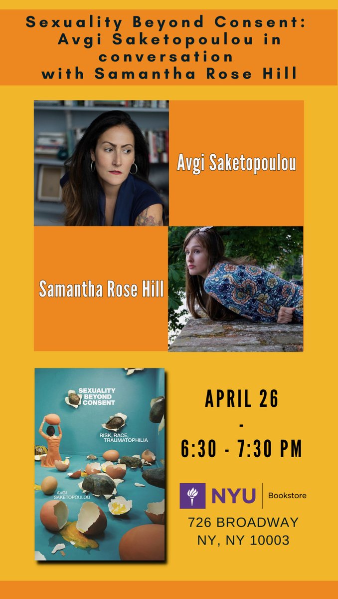 Samantharhill's tweet photo. Next Wednesday! Join me and @Avgolis for a conversation about her brilliant new book, SEXUALITY BEYOND CONSENT @nyubookstores @NYUpress
Free and open to all.
https://t.co/PB7LfFq58n https://t.co/izwe1SiptO