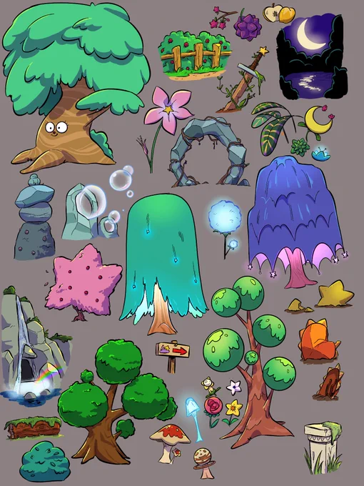 Finished concepts for trees and other environmental stuff for my Vivi character. I wanna do a setting illustration but needed some practice with some world building styles. Lot of star imagery, bioluminescence, and other goofy fantasy elements 