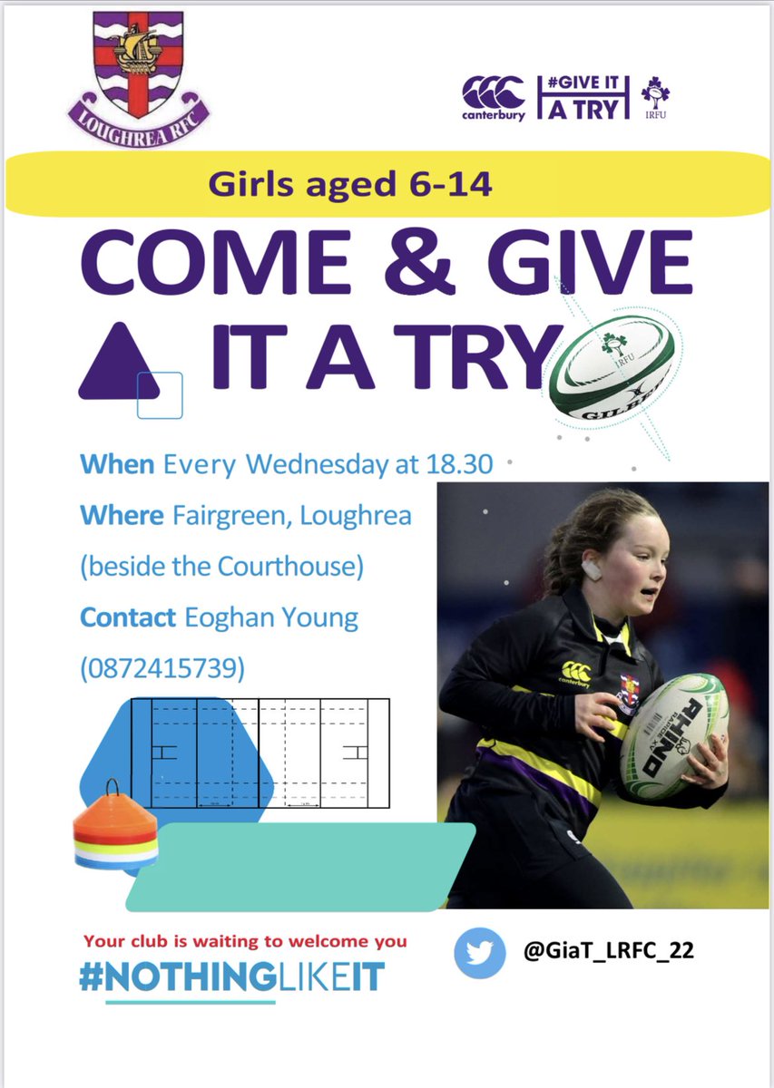 Girls aged between 6-14; Come and join us for an hour each Wednesday evening starting 26th April  to try out rugby
Get great exercise, have great craic, make great friends
#NothingLikeIt #Giveitatry @connachtrugby @IrishRugby @loughreaonline @loughrearfc @Connachtwomen