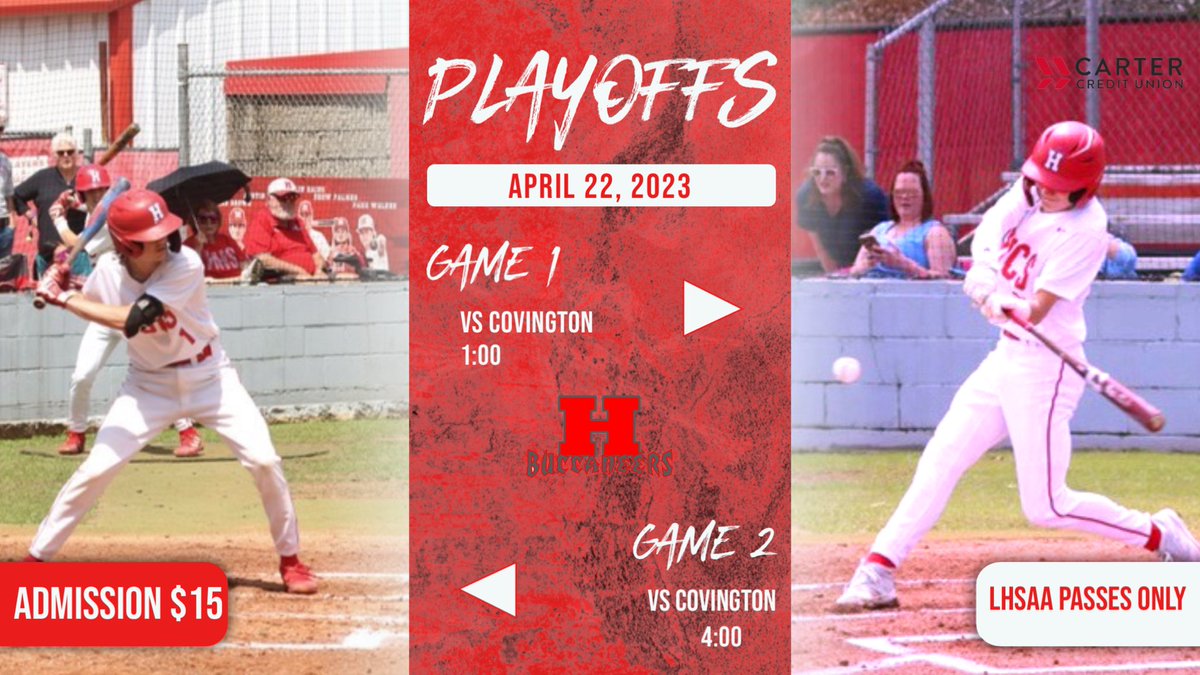 HbucsAthletics's tweet photo. Saturday

Baseball ⚾️ Playoff Double Header 
🆚Covington 
📍Haughton High School
⏰1:00 &amp; 4:00
🎟️$15 for the day
LHSAA passes only https://t.co/CfUMIufkNY