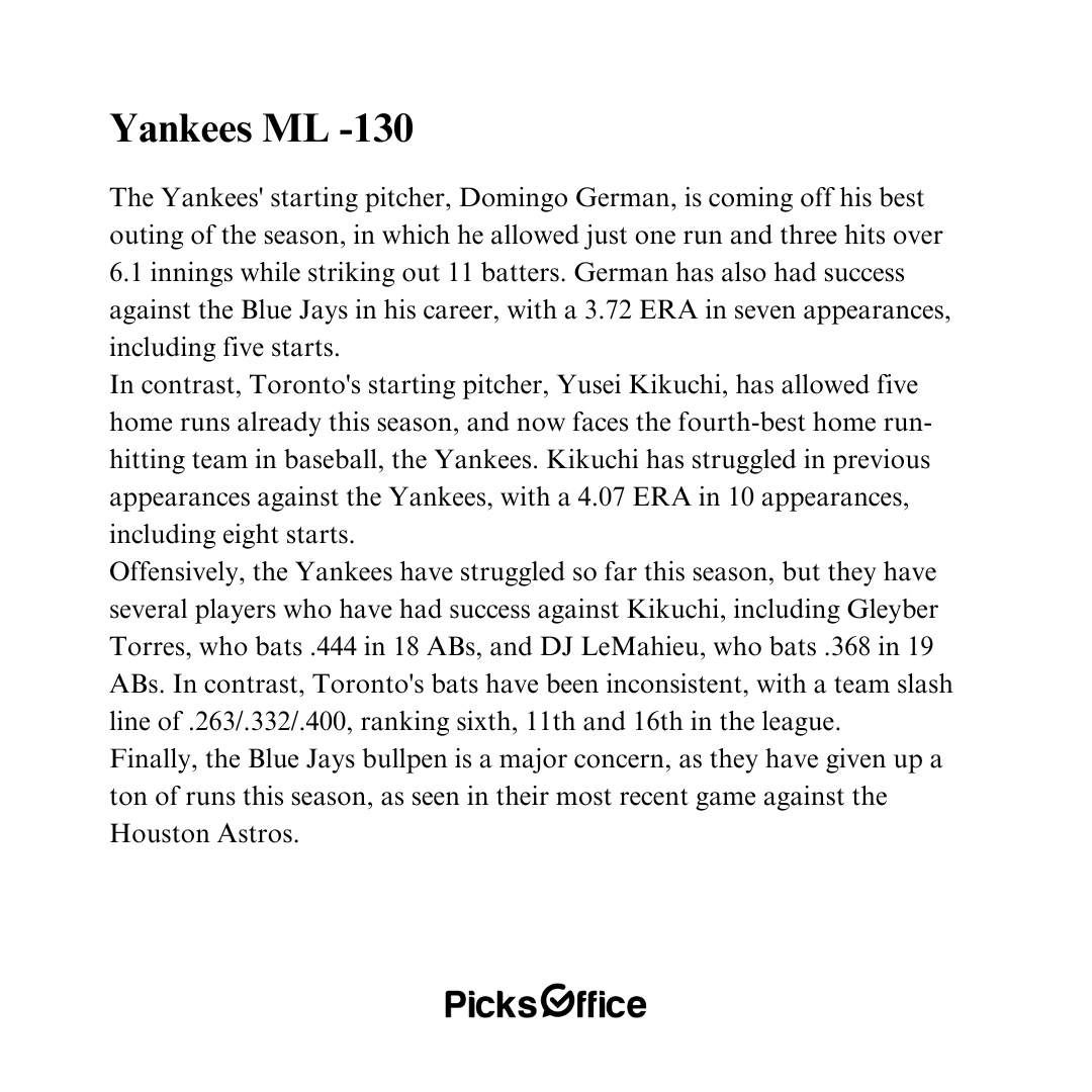 Picks Office on Twitter "MLB Blue Jays Yankees Yankees ML 130 / 2