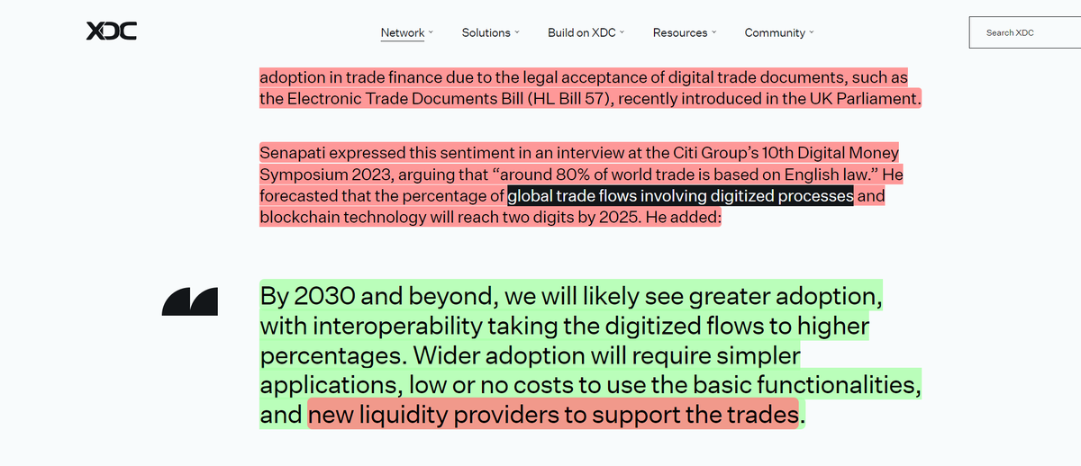 CDemanincor's tweet photo. Info how #XDC and the XDC network can be a liquidity provider for global trade flows involving digitized processes

1st #XDC provides liquidity in global trade flows by serving as a medium of exchange for transactions on the XDC network. The XDC network is designed to enable fast and secure digital transactions, which can be settled in a matter of seconds. This means that XDC can be used to settle payments between buyers and sellers in a timely manner, reducing the time and cost associated with traditional payment methods.

2nd- The #XDCnetwork can also facilitate the creation of smart contracts that can automate various processes involved in global trade, such as verifying the authenticity of goods, monitoring shipping, and automatically releasing payments upon delivery. By automating these processes, the XDC network can further improve the efficiency and reduce the costs of global trade flows.

3rd- the XDC network is open to developers, allowing them to create decentralized applications (dApps) that can leverage the XDC cryptocurrency and network to provide additional liquidity and functionality. These dApps can be used to facilitate cross-border payments, provide financing for trade, and offer various other services that can enhance liquidity in global trade flows.