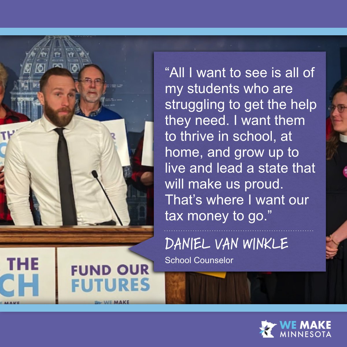 .<a href="/MrVDubz/">Daniel Van Winkle</a>, counselor for Kellogg Middle School in Rochester, shared his vision for a MN that takes care of its people: “All I want to see is all of my students who are struggling to get the help they need." #mnleg #FundOurFutures