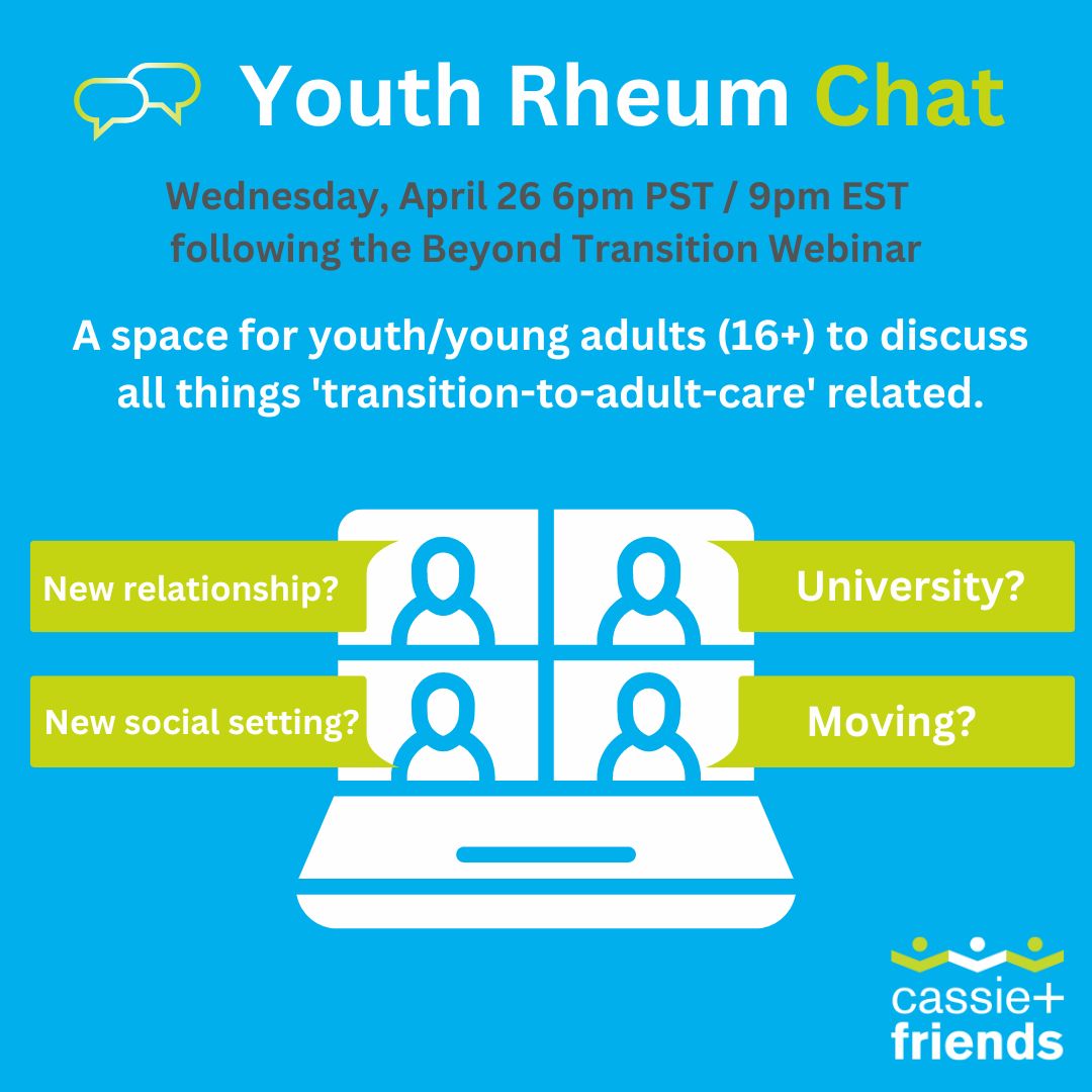 CAFsociety's tweet photo. Youth Leaders in our community will be hosting a #YouthRheum Chat following our #BeyondTransition webinar, just for youth/young Adults 16+!
Connect with others navigating the transition from pediatric to adult #rheumatology Register at https://t.co/yQHm8G81Gs
#JIA #JA https://t.co/lTvEfbCwXR