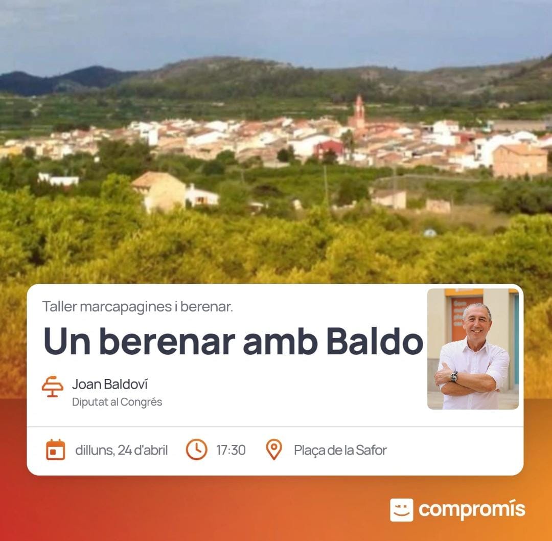 📌 El proper dilluns, 24 d'abril a les 17:30, farem un berenar amb Joan Baldoví, candidat a la Presidència de la Generalitat i amb Maria Teresa Camarena, candidata a l'alcaldia de Llocnou.
Hi haurà taller de marcapàgines i suc de taronja🍊. 
Vos esperem a la plaça🫶🏼.