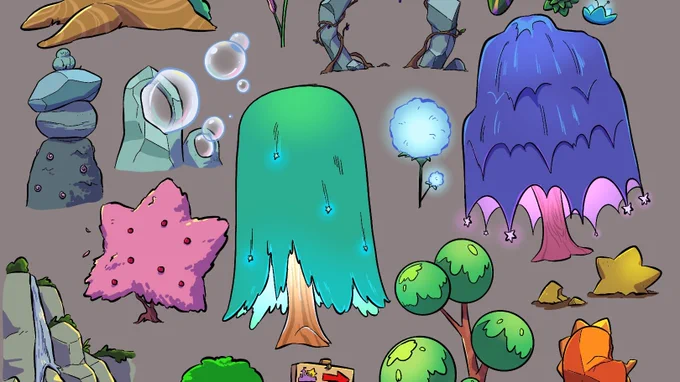 Finished concepts for trees and other environmental stuff for my Vivi character. I wanna do a setting illustration but needed some practice with some world building styles. Lot of star imagery, bioluminescence, and other goofy fantasy elements 