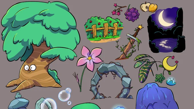 Finished concepts for trees and other environmental stuff for my Vivi character. I wanna do a setting illustration but needed some practice with some world building styles. Lot of star imagery, bioluminescence, and other goofy fantasy elements 