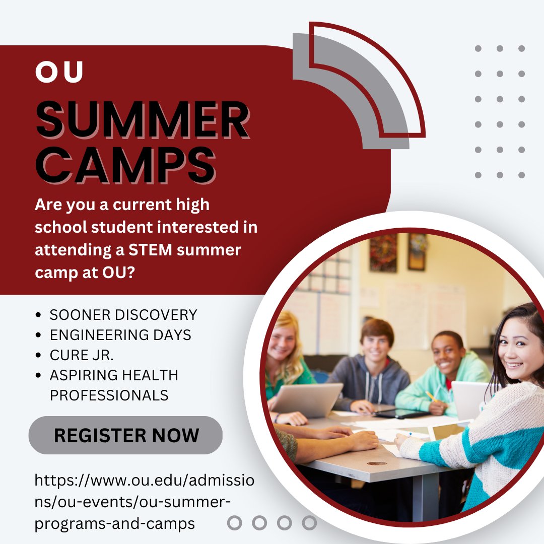 YES Oklahoma (Youth Enjoy Science) (@yes_oklahoma) on Twitter photo Register today for a summer STEM program or camp at OU! Applications are now open for Sooner Discovery, Engineering Days, Cure Jr., and the Aspiring Health Professionals Summer Academy. ou.edu/admissions/ou-… Register today for a summer STEM program or camp at OU! Applications are now open for Sooner Discovery, Engineering Days, Cure Jr., and the Aspiring Health Professionals Summer Academy. ou.edu/admissions/ou-…