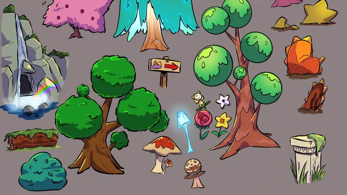 Finished concepts for trees and other environmental stuff for my Vivi character. I wanna do a setting illustration but needed some practice with some world building styles. Lot of star imagery, bioluminescence, and other goofy fantasy elements 
