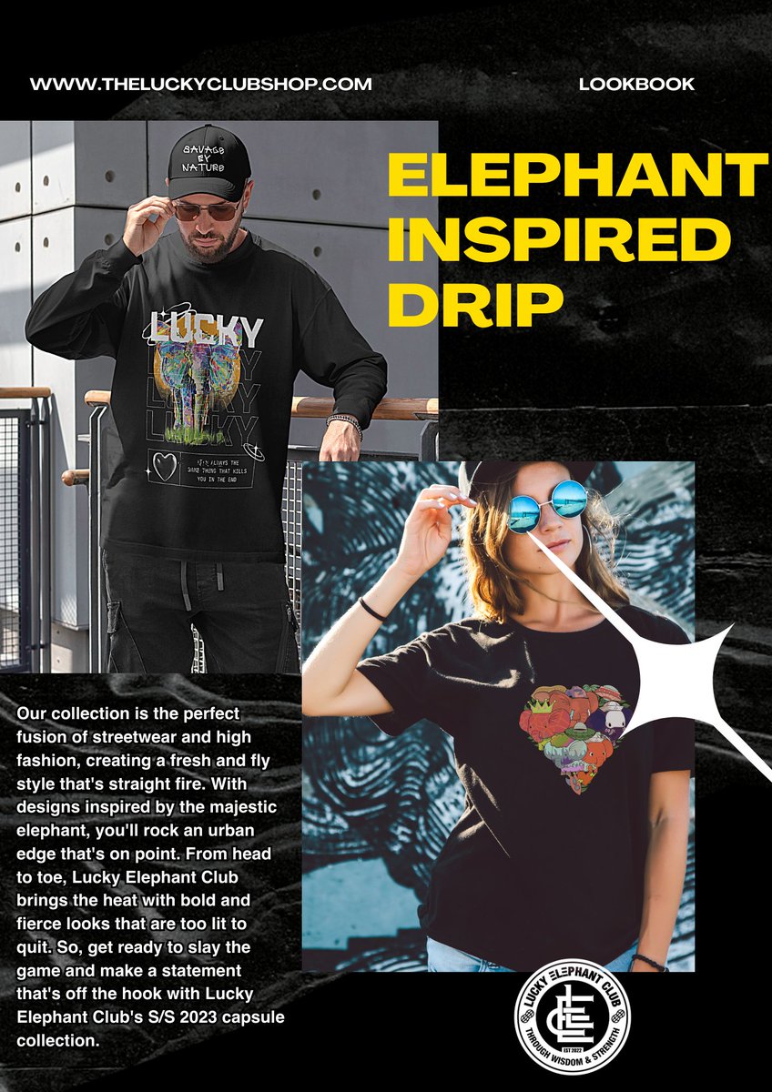 LuckyEllyClub's tweet photo. 🚨 Big announcement! 🚨 #LuckyElephantClub NFT Capsule Collection dropping today at 8pm EST! 🔥 Join Our VIP for exclusive access to discounts and benefits. 🙌 Check out our lookbook for more details! 
📖 #Jungleverse #NFTs #Streetwear #ClothingBrand 

https://t.co/KGROol950Y https://t.co/HMV7luRYBK