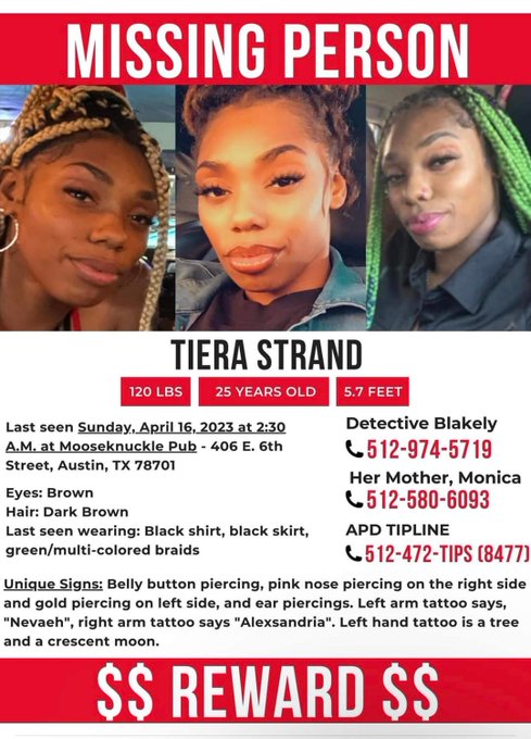 QuitaC_KVUE's tweet photo. The Bell County Sheriff's Office has confirmed the body of #TieraStrand was found in a ditch in a rural part of Temple on April 21st.
She was last seen in downtown Austin Sunday night April 16th. https://t.co/km306iKvlW