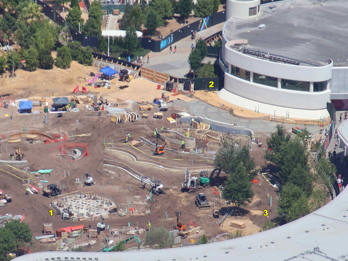 bioreconstruct's tweet photo. Aerial look at work so far in an aera of World Celebration.
1 Infrastructure of a 5-ring EPCOT logo.
2 Dreamers Point. A statue of Walt Disney will be at center.
3 Some of the newest trees transplanted. https://t.co/q7UX0n86px