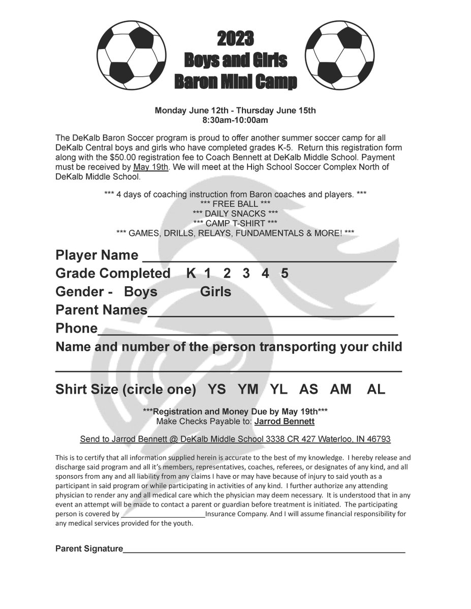 DeKalbDCCUSD's tweet photo. Check out the DeKalb Boys' &amp; Girls' Mini Soccer Camp for students who have completed grades K-5 on Mon., June 12 - Thur., June 15, from 8:30-10 am. Return the registration form &amp; $50.00 fee to Coach Bennett at DeKalb Middle School. Payment is due May 19.

https://t.co/HoHqaRfSw3 https://t.co/hbLWTXecCx