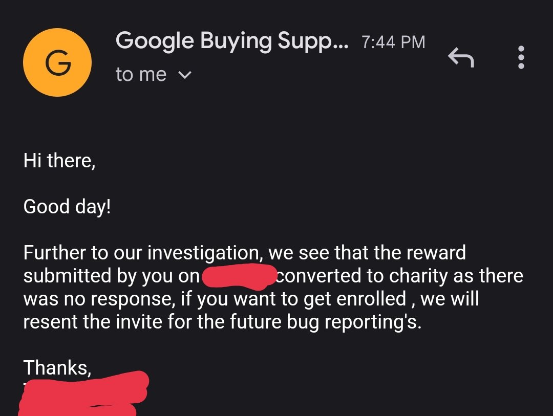 QenaTechnology's tweet photo. Received bounties reward from Google for helping improve their security, but missed entering my bank details. No worries though, Google donated it to charity! Such a kind gesture. Thank you, Google
#GoogleBugBounty
#CharityDonation #Grateful
#cybersecurity #infosec #BugBounty https://t.co/660OosdtQX